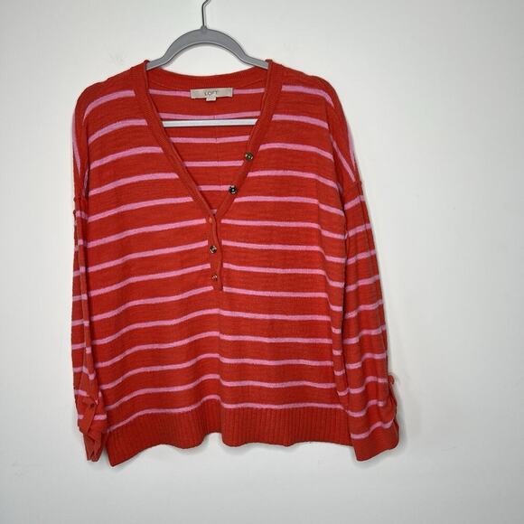 LOFT Sweater Womens XL Pink Striped Button Henley Knit Slouchy Beachy Summer - Picture 16 of 16